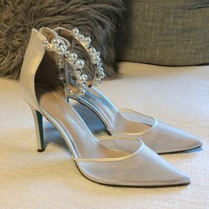 Betsy Johnson pearl strap wedding heels